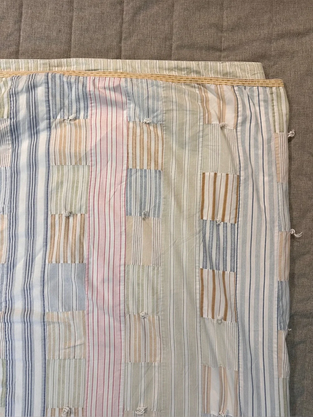 VTG Tommy Hilfiger Patchwork Tie Quilt Coverlet 88x86” Cotton Pastels Stripes